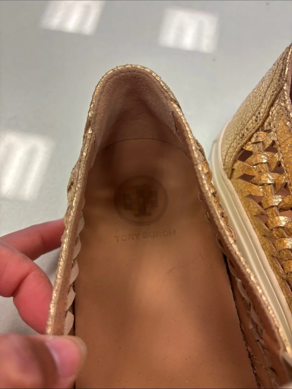 Tory Burch Huarache Gold Woven Slip-On Sneakers